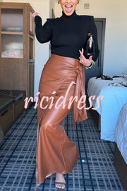 Snappy Casual Slay Faux Leather High Rise Wrap Tie-up Stretch Maxi Skirt