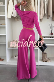 Solid Color Round Neck Long Sleeve Twist Crop Top and Elastic Waist Pocket Wide Leg Pants Set