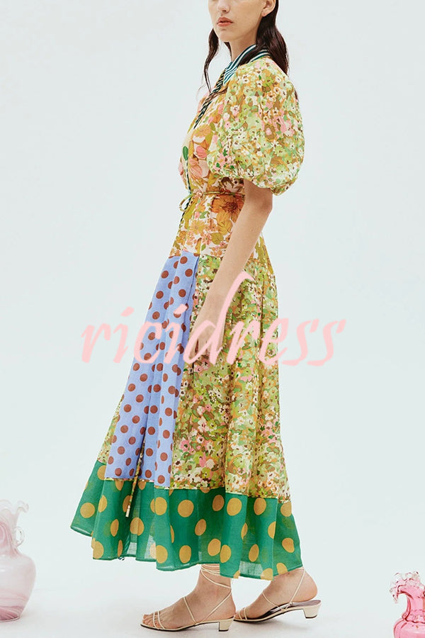 Linen Blend Unique Print Lapel Puff Sleeve Casual Midi Dress