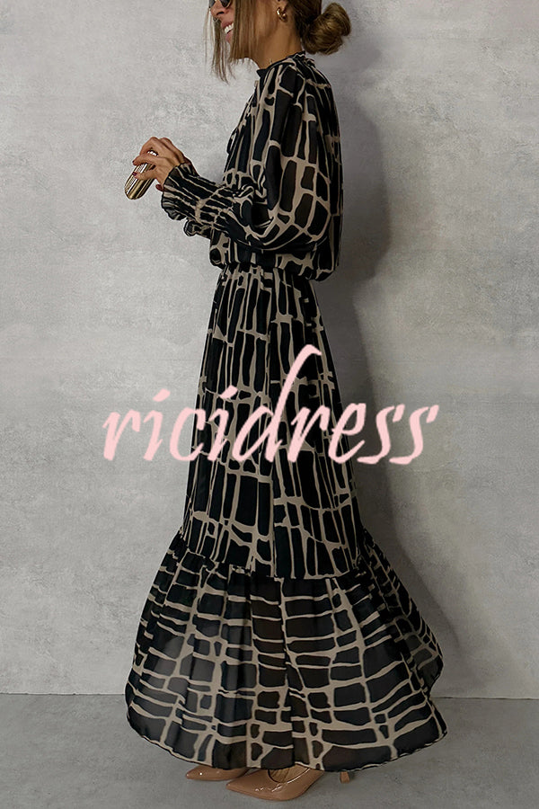 Unique Printed V-neck Tie-up Waist Long-sleeve Maxi Dress