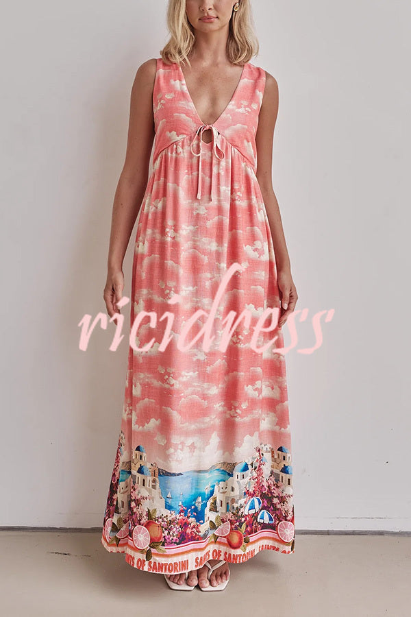 Resort Style Unique Printed Sleeveless V-neck Casual Maxi Dress