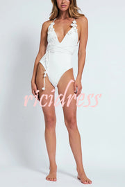 Solid Color Lace-up Flower Decoration Stretch One-piece Swimsuit