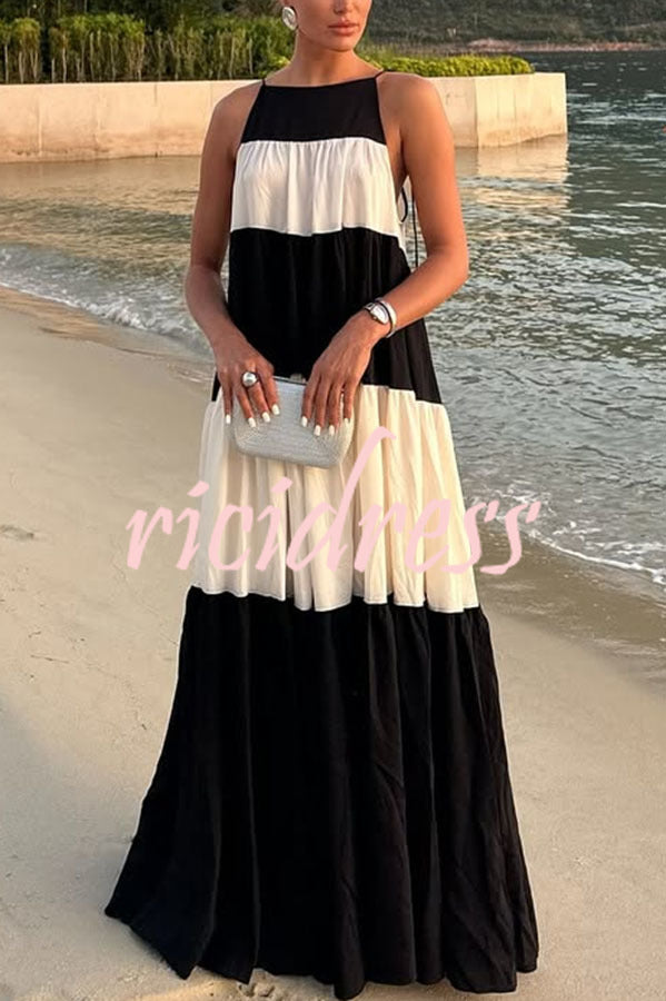 Meila Colorblock Tie-strap Gathered Tiers A-line Maxi Dress