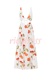 Eliska Linen Blend Poppy Print Cutout Contrast Trim A-line Maxi Dress