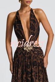 Kinara Leopard Print Deep V-neck Metal Flower Hollow Beads Detail Slit Maxi Dress