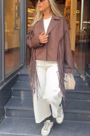 Western City Suede Long Tassels Long Sleeve Lapel Relaxed Jacket