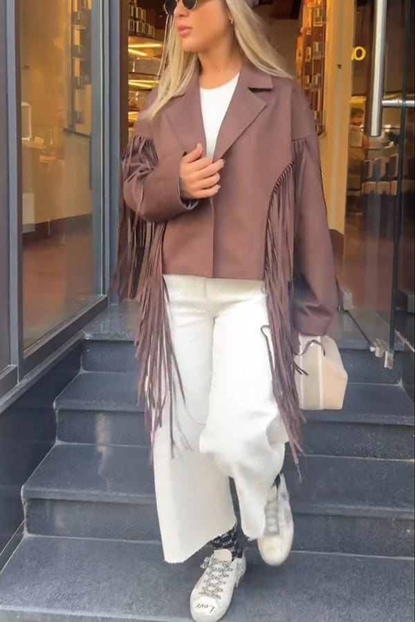 Western City Suede Long Tassels Long Sleeve Lapel Relaxed Jacket