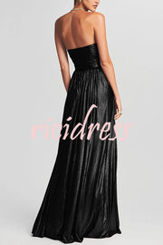 Goddess Temperament Metallic Pleated Fabric Off Shoulder Slit Maxi Dress