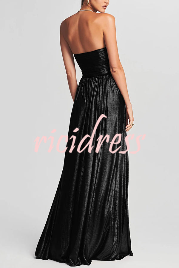 Goddess Temperament Metallic Pleated Fabric Off Shoulder Slit Maxi Dress