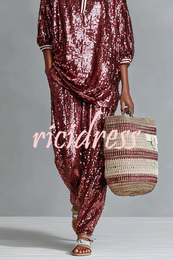Holiday Honey Sequin Striped Trim Half Sleeve Loose Shirt and Elastic Waist Pocket Wide Leg Pants Set