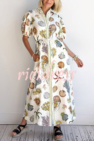 Beach Shell Print Puff Sleeve Tie-Waist Casual Midi Dress