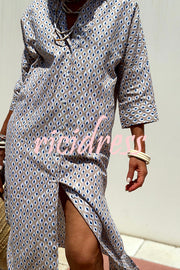 Summer Splendor Printed Button Half Sleeve Belt Loose Shirt Midi Dress