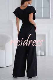 Solid Color V-neck Waist Casual Wide-leg Jumpsuit