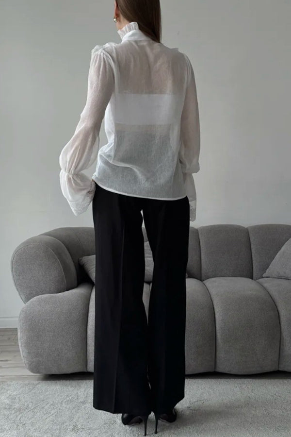 French Chiffon Ruffled Stand Collar Casual Shirt