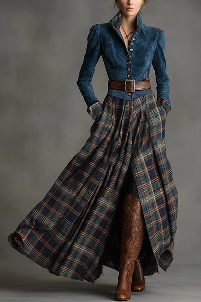 Fashionable Faux Denim Suede Patchwork Long-sleeved Casual Maxi Dress