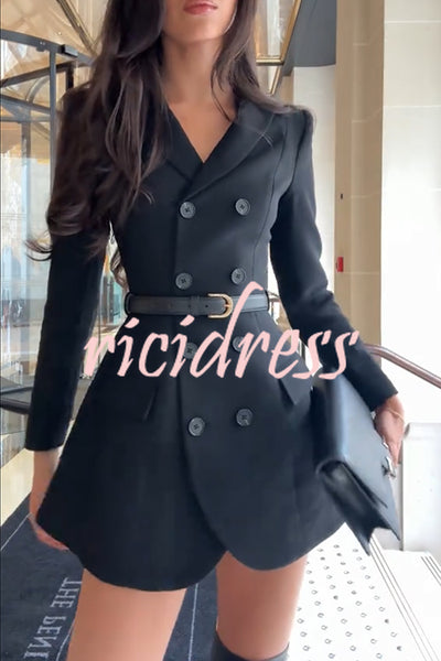 Parisian Style Double-breasted Long Sleeve Flare Hem Lapel Blazer Mini Dress