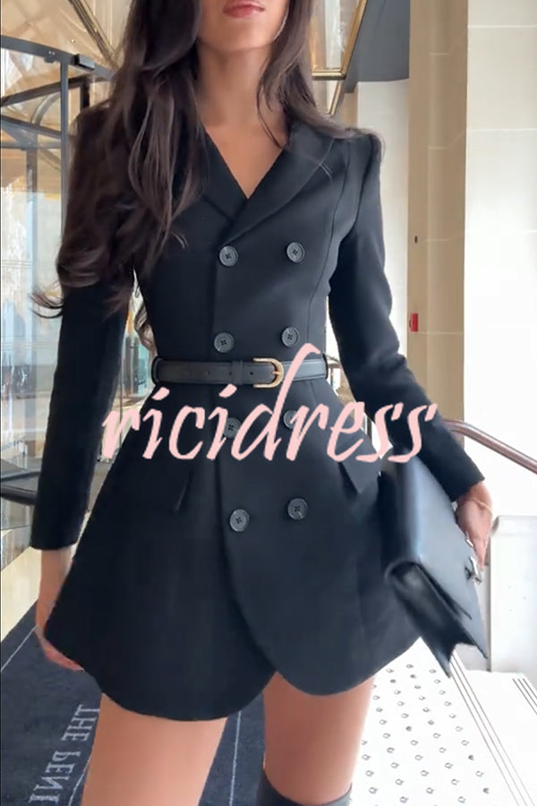 Parisian Style Double-breasted Long Sleeve Flare Hem Lapel Blazer Mini Dress