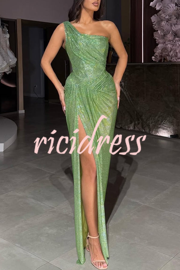 Elisabeth Sequin Pleated Design One Shoulder Slit Drape Gown Maxi Dress