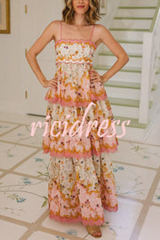 Charming Smile Floral Print Scalloped Lace-trim Back Tie-up Tiered Maxi Dress