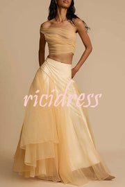 Romance Factor Satin Patchwork Tulle High Rise Elastic Waist A-line Maxi Skirt