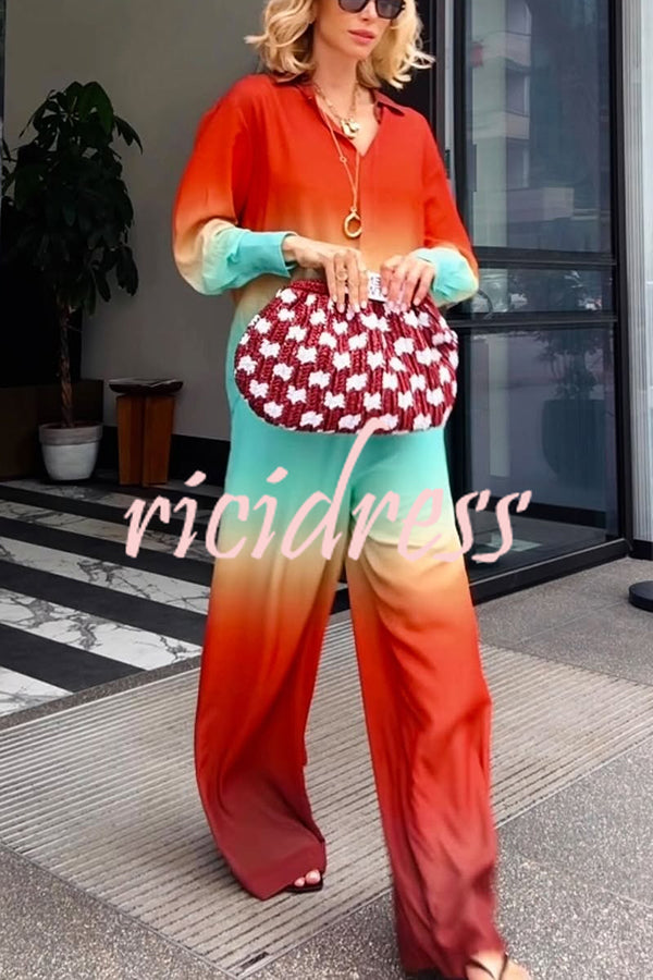 Neon Sunset Gradient Print Long Sleeve High Low Hem Blouse and Elastic Waist Loose Pants Set