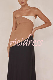 Calissa Asymmetrical Colour Block Strapless Pocketed A-line Maxi Dress