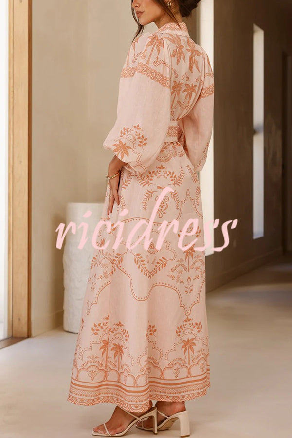 Linen Blend Lapel Puff Sleeve Casual Waist Belted Maxi Dress
