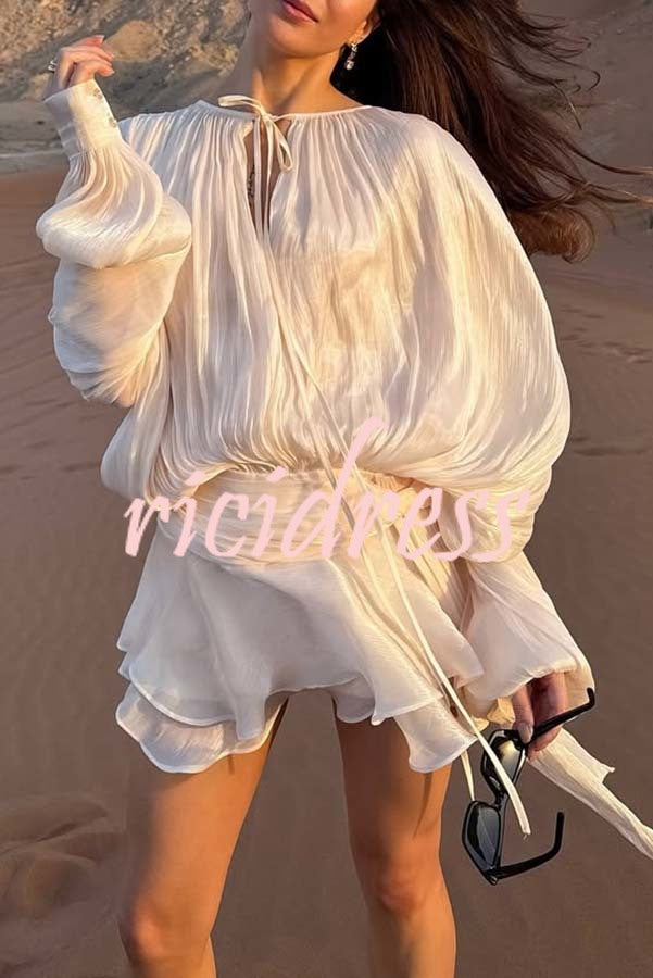 Ninah Glitter Fabric Pleated Balloon Sleeve Tiered Ruffle Hem Mini Dress