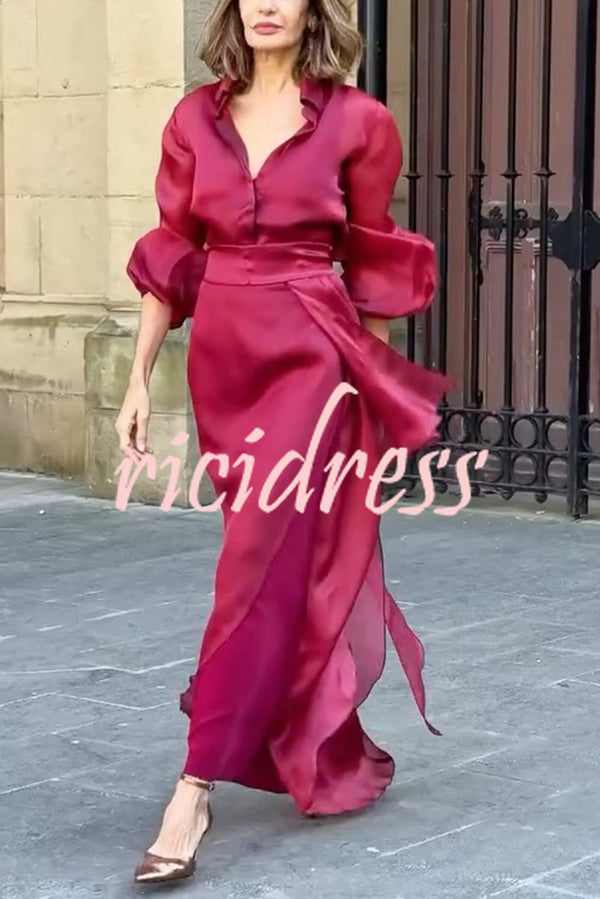 Lily Chiffon Bow Detail Puff Sleeve Blouse and Elegant Layered Maxi Skirt Set