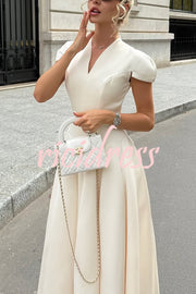 Solid Color V-neck Waist Elegant Full Hem Maxi Dress