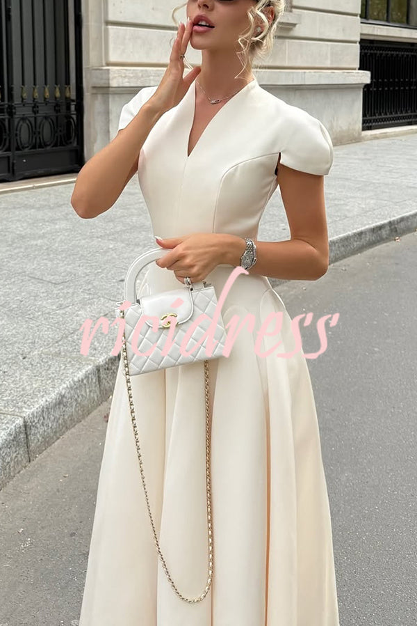 Solid Color V-neck Waist Elegant Full Hem Maxi Dress