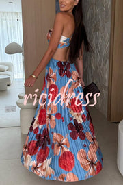Casey Satin Floral Print Cutout Halter Back Tie-up Pleated Maxi Dress