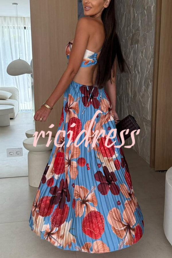 Casey Satin Floral Print Cutout Halter Back Tie-up Pleated Maxi Dress