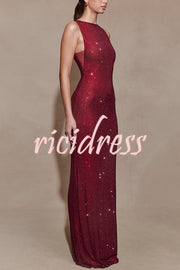 Holiday Nights Sequin Boat Neck Sleeveless Slit Maxi Dress