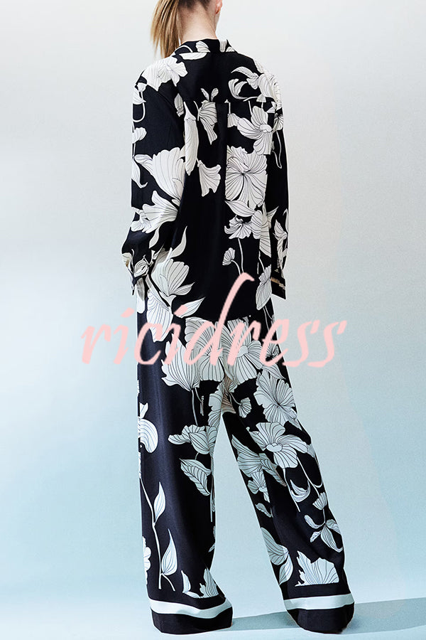 Unique Print Lapel Long Sleeve Loose Shirt and Elastic Waist Casual Pocket Wide Leg Pants Set