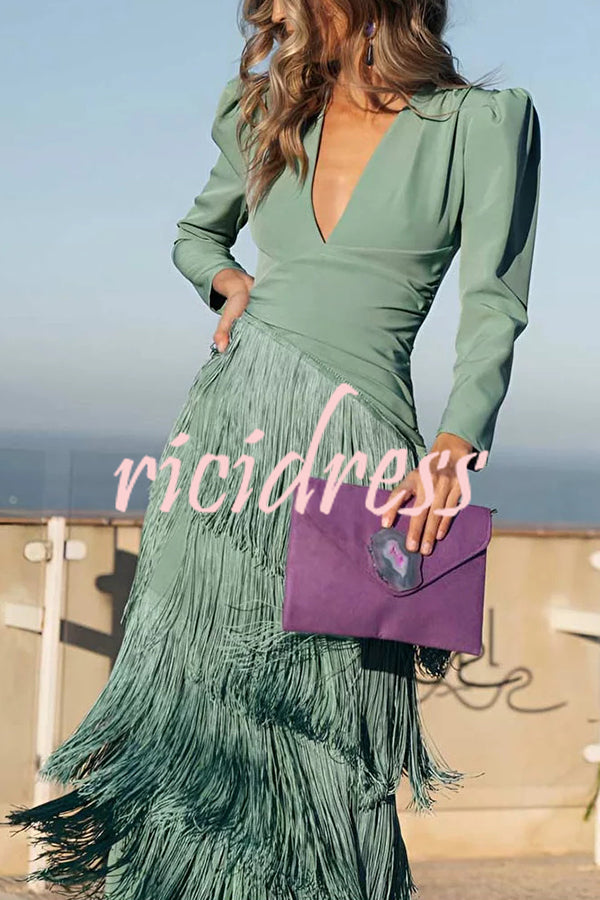 Solid Color V-Neck Long Sleeve Elegant Tassel Maxi Dress