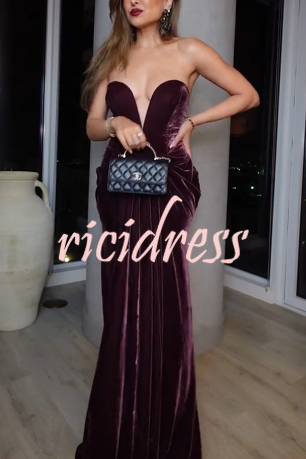 Paige Velvet Off Shoulder Side Pleated Hip Drape Maxi Dress