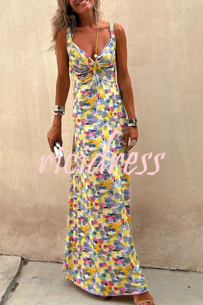 Flora Watercolor Print Crossover Neck Wide Straps Stretch Maxi Dress
