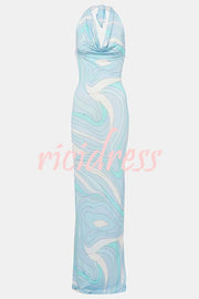 Caralyn Unique Print Halter Cowl Neck Slit Stretch Maxi Dress