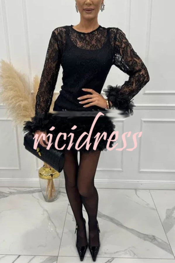 Alyssa Lace Fabric Tulle Layered Petals Trim Long Sleeve Mini Dress