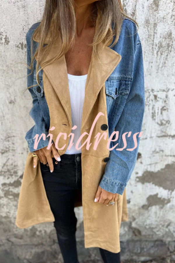 Fashion Lapel Long Sleeve Pocket Mid-length Denim Patchwork Jacket