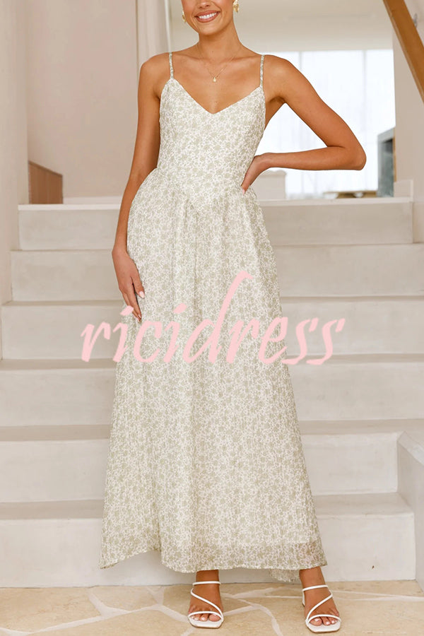 Floral Print V-Neck Sleeveless Back Tie Pocket Maxi Dress