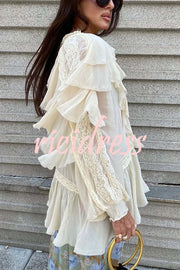 Autumn Boho Chiffon Lace Trim Ruffle Balloon Sleeve Blouse