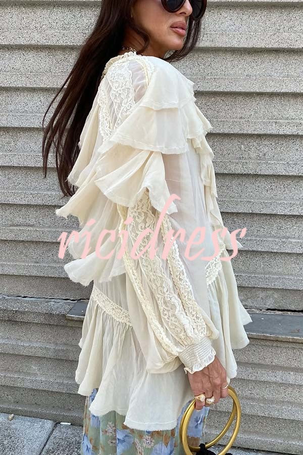 Autumn Boho Chiffon Lace Trim Ruffle Balloon Sleeve Blouse