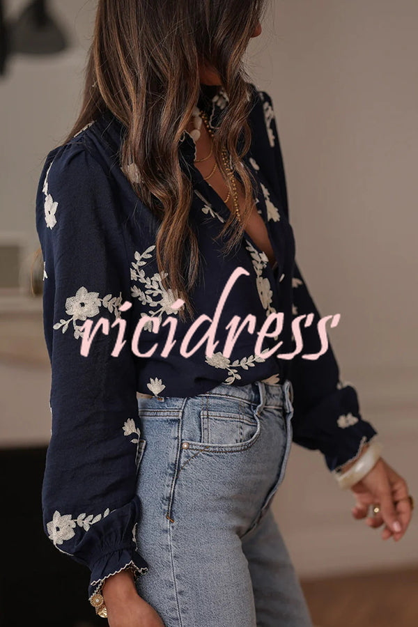 Floral Embroidery Long-Sleeved Button-Up Elegant Shirt
