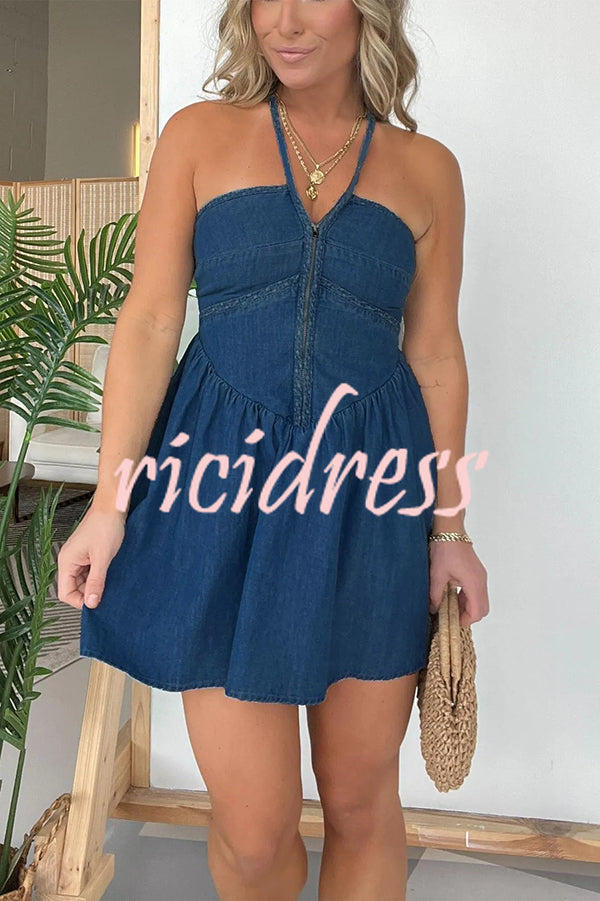 Sexy Halter Neck Backless Front Zip Denim Mini Dress