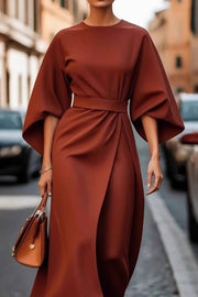 Solid Color Batwing Sleeve Waisted Casual Midi Dress