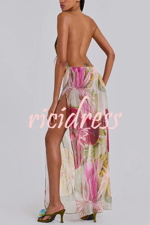 Floral Print Sexy Backless Slit See-Through Holiday Maxi Dress