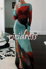 Mesh Floral Print Round Neck Long Sleeve Stretch Maxi Dress