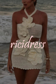 Mermaid Song Crochet Knit Three Dimensional Halterneck Cutout Stretch Mini Dress